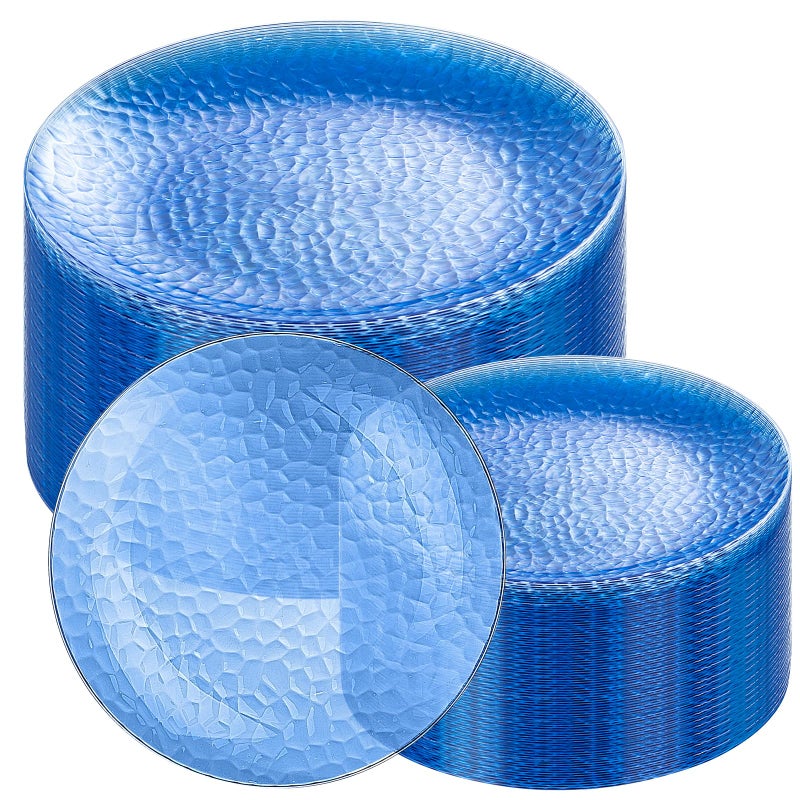 Rubtlamp 100 Pcs Blue Plastic Plates Blue Heavy Duty plastic Plates Clearblue Fancy Disposable Plates Hammered Plastic plates Include 50 Pcs Dessert Platos 50 Pcs Dinner Platos for Party